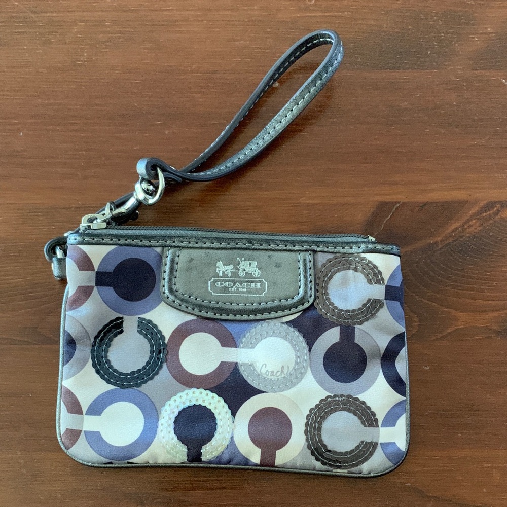 Coach Monogram Wristlet Satin with Leather Trim
